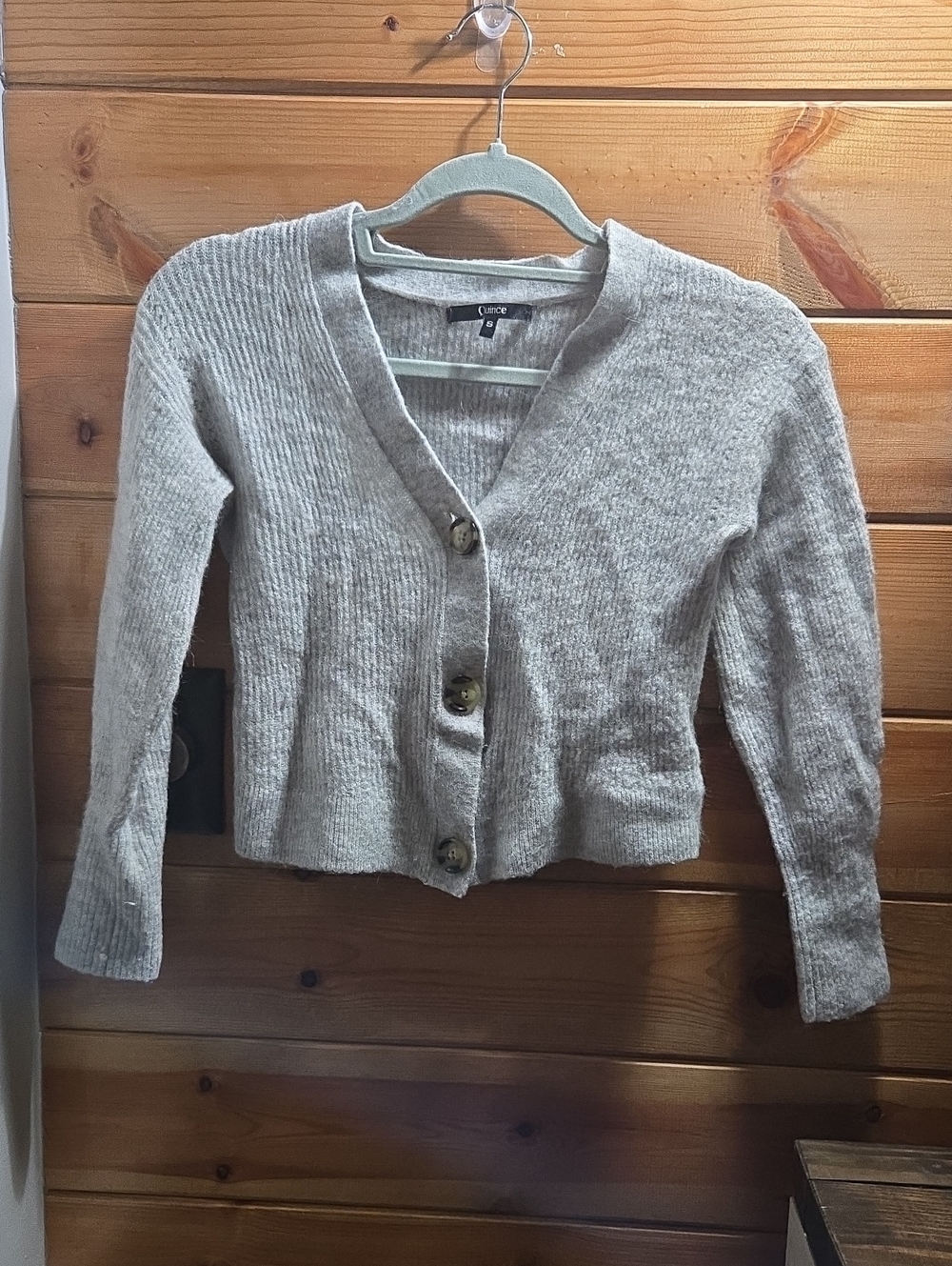 Quince Light Gray Ribbed Button-Front Wool Alpaca Small Cardigan